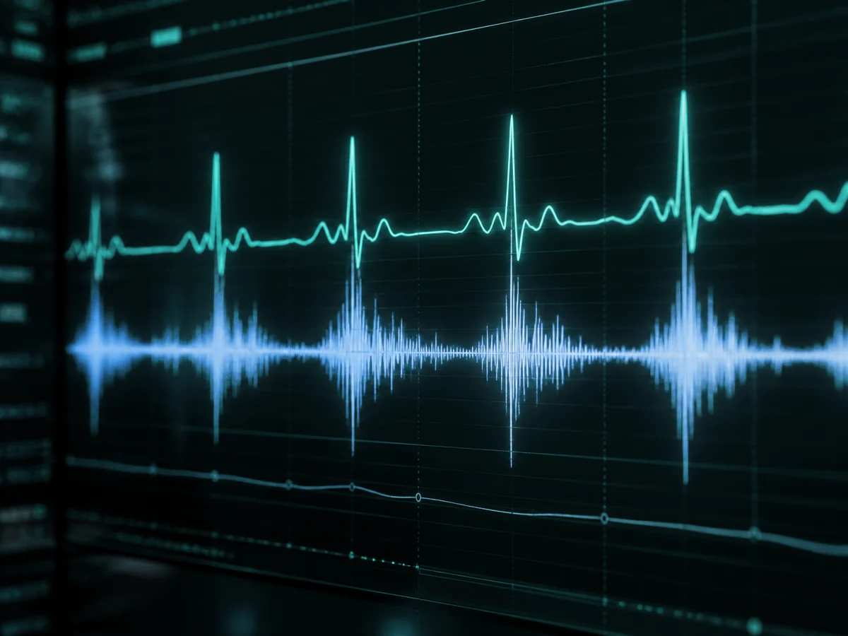 Kalp sesi analiz ekranı: EKG izi ile eşzamanlı fonokardiyogram spektrumu